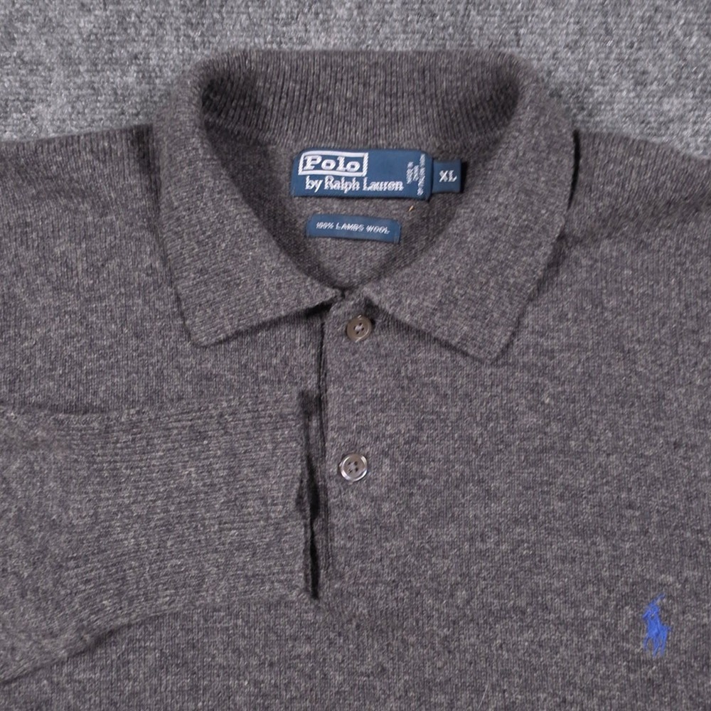 Polo Ralph Lauren Polo Sweater Mens XL Gray Lambswool Collared Long Sleeve READ